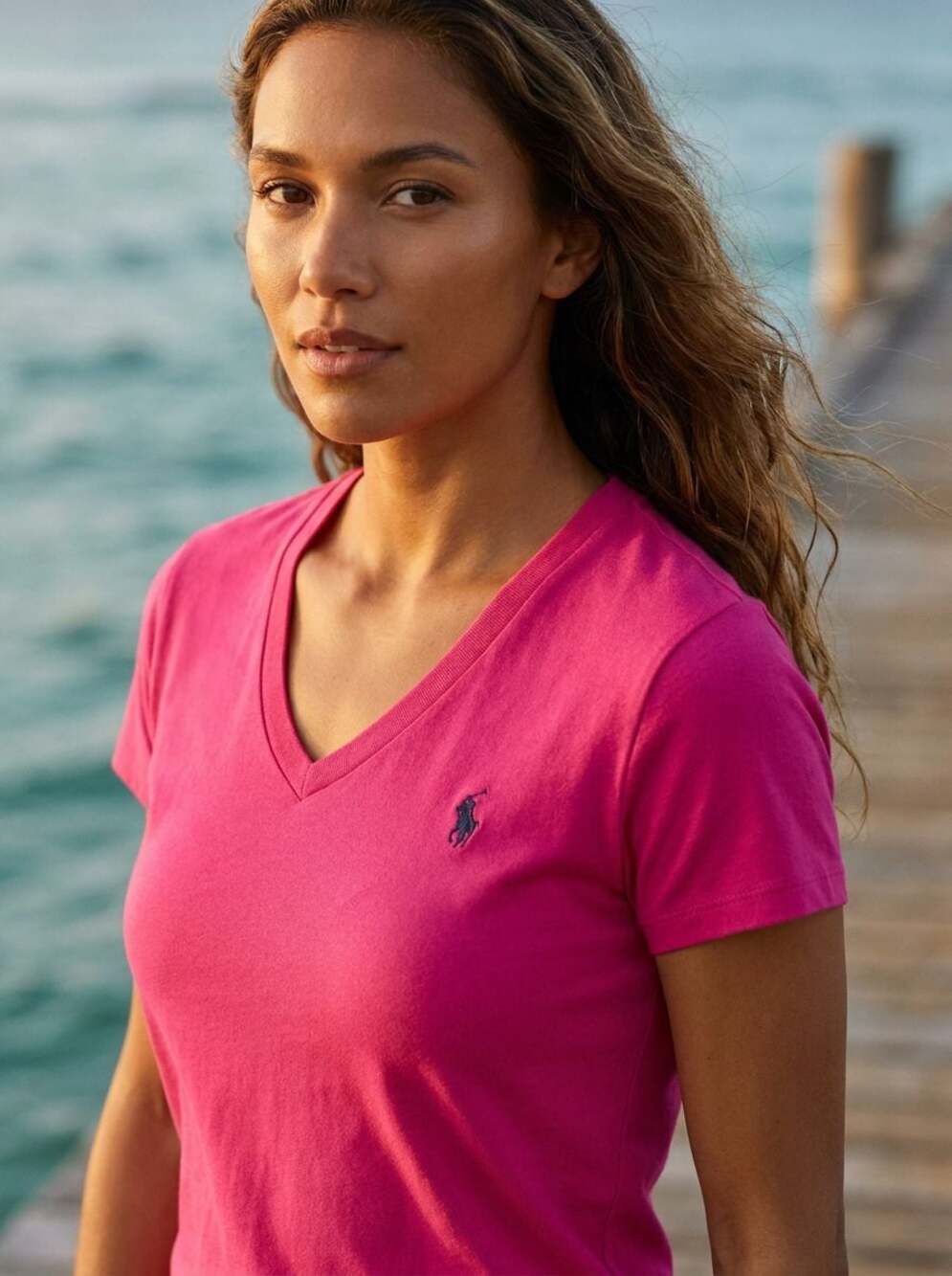 Ralph Lauren V-Neck Short Sleeve Tee in Hot Pink with Navy Pony - Picture 3 of 8